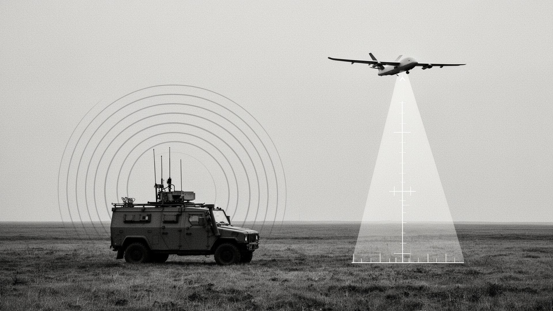 Abstract monochrome motif of a ground spoofing source and an aircraft silhouette overhead